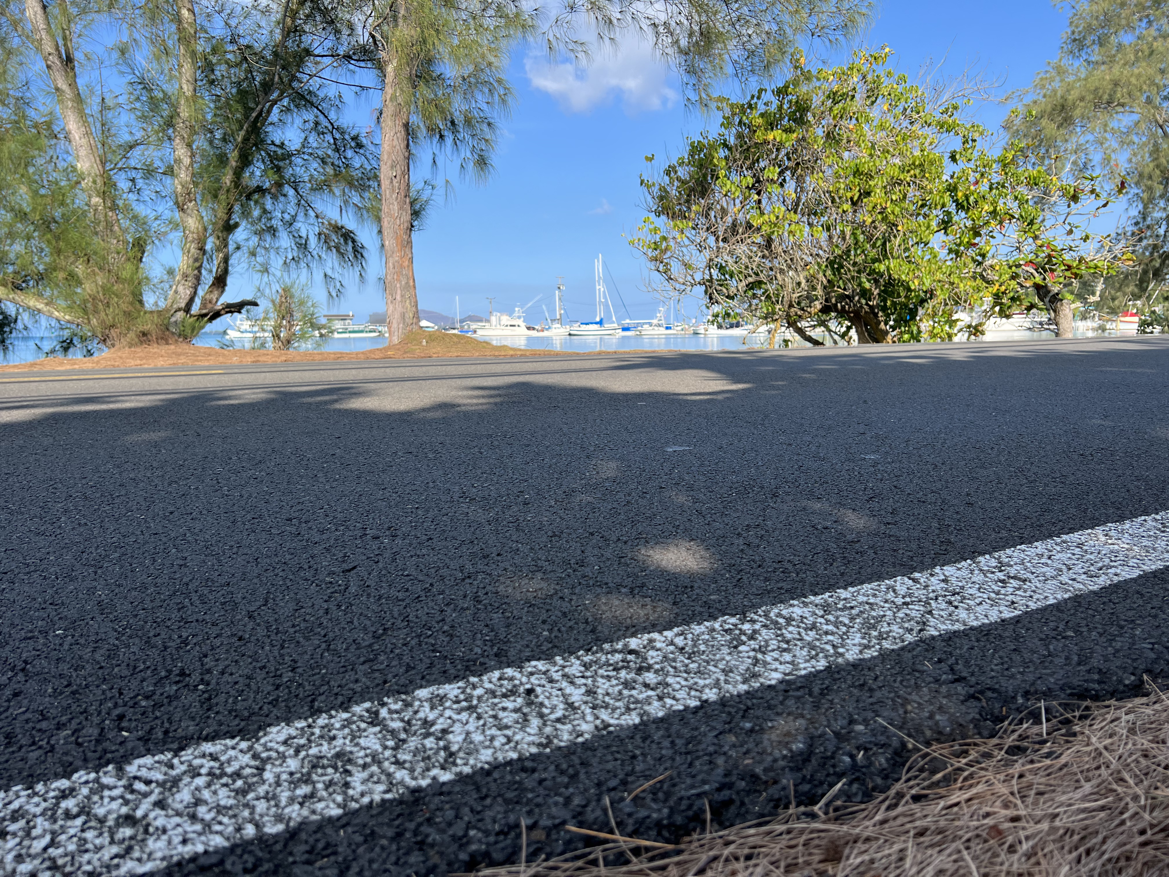 View of an asphalt roadway looking over the ocean.